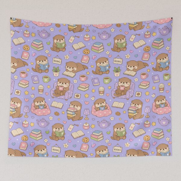 Item preview, Cozy Otter Reading Coffee Kawaii Pattern designed and sold by Soft Berry Studio.