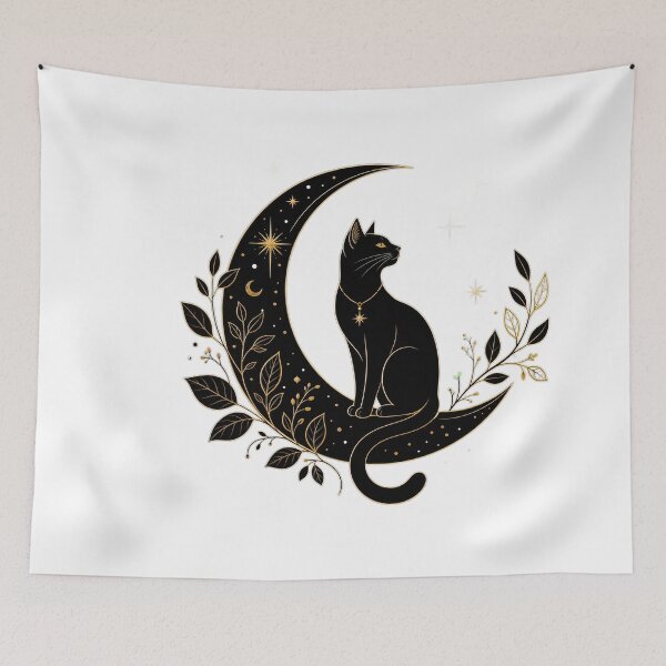Item preview, Minimalist Black Cat Sitting on Crescent Moon designed and sold by MedRoh.