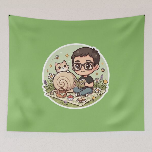 Item preview, Boy Reading with Snail Cat Picnic Illustration designed and sold by mimiartes.