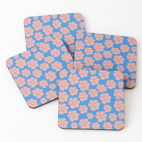Item preview, Cute pink cosmos flowers seamless pattern on bright blue background. designed and sold by AdesignbyG.