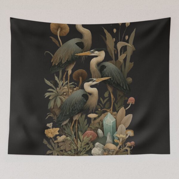Item preview, Goblincore Heron Trio Dark Cottagecore Mushroom Crystal Art designed and sold by BodaZZ.