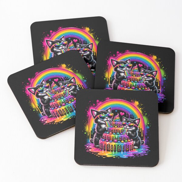 Item preview, Rainbow Dripping Cake Kawaii Cats with Sunglasses – Neon Psychedelic Cute Kitten Party Art designed and sold by Celebrate & Sparkle.
