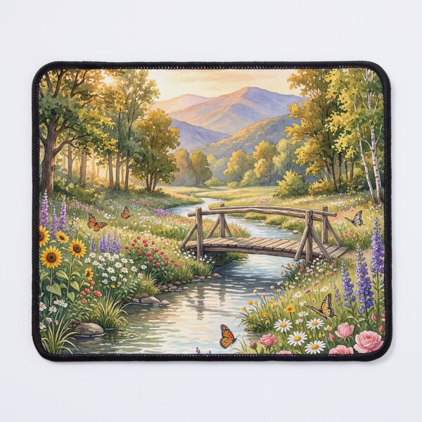 Item preview, Footbridge Over Wildflower Stream Sunset designed and sold by amusefullife.