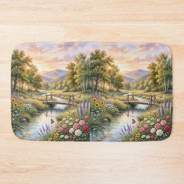 Item preview, Footbridge Over Wildflower Stream Sunset designed and sold by amusefullife.