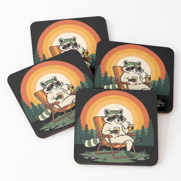 Item preview, Retro Raccoon Relaxing in Camping Chair with Sunset Vintage Nature Illustration designed and sold by fawzimorsy.