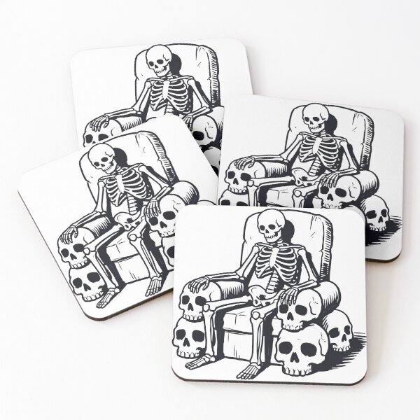 Item preview, Skeleton Sitting on Armchair Surrounded by Skulls Black and White designed and sold by MisteryDesigner.