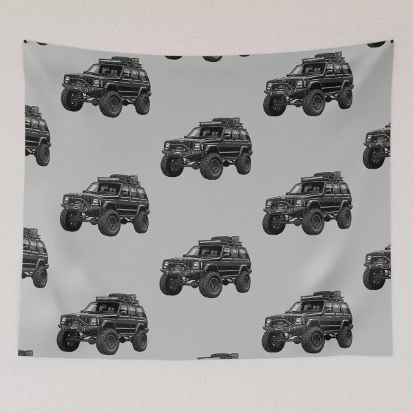 Aperçu de l'œuvre Illustration d'un Jeep Cherokee XJ Overlanding surélevé noir personnalisé (4x4 SUV) créée et vendue par Motorline44.