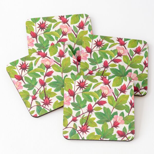 Item preview, Roselle Hibiscus Botanical Seamless Pattern, Tropical Herbal Flower Collage, Hibiscus Sabdariffa Leaves, Cottagecore Garden Floral Design designed and sold by SWSandraWechner.