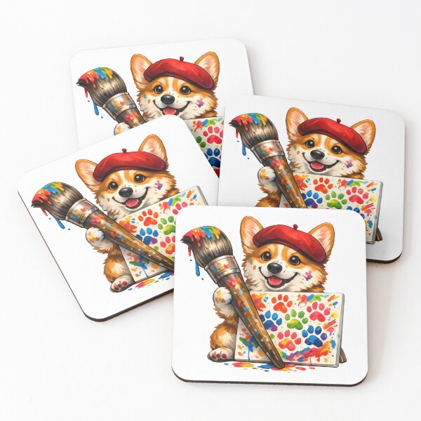 Item preview, Colorful Corgi Painter with French Beret Premium Artist Dog Illustration designed and sold by builtforyou.