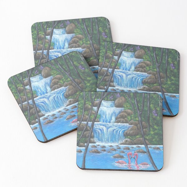 Item preview, Serene Waterfall with Flamingos in Nature designed and sold by Shenice Art.