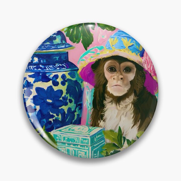 Item preview, Grandmillennial art, Chinoiserie monkey in pink and turquoise room with ginger jars designed and sold by SophieClimaArt.