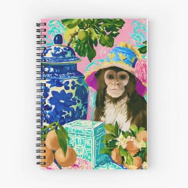 Item preview, Grandmillennial art, Chinoiserie monkey in pink and turquoise room with ginger jars designed and sold by SophieClimaArt.