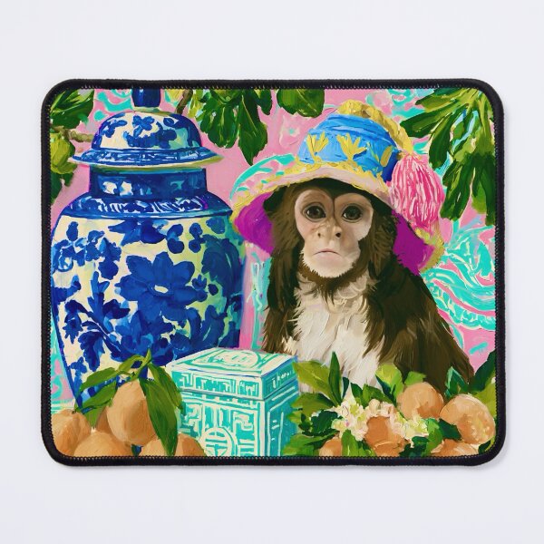 Item preview, Grandmillennial art, Chinoiserie monkey in pink and turquoise room with ginger jars designed and sold by SophieClimaArt.