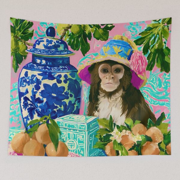 Item preview, Grandmillennial art, Chinoiserie monkey in pink and turquoise room with ginger jars designed and sold by SophieClimaArt.