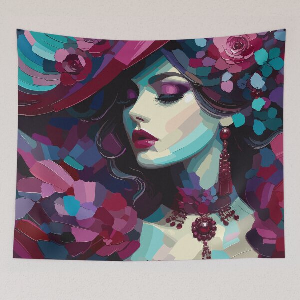 Item preview, Floral Femme Fatale Portrait in Burgundy Hat designed and sold by ArtByBoya.