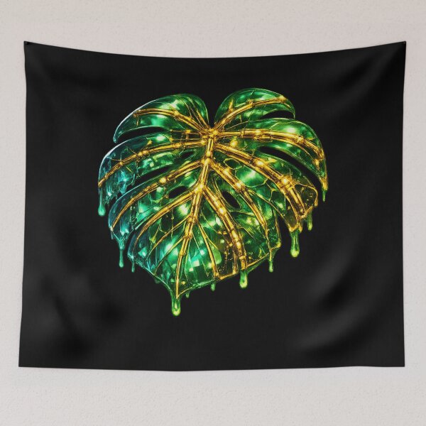 Item preview, Crystal Monstera Leaf Glowing Gold Veins Surreal Drip Art designed and sold by ArtoryWorks.