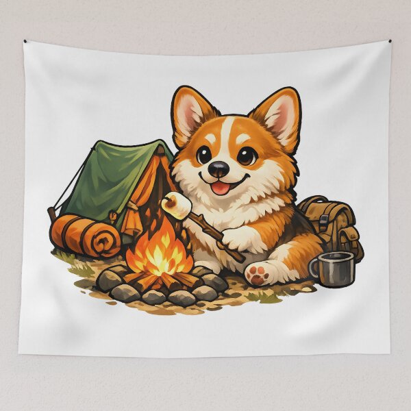 Item preview, Cozy Camping Corgi Roasting Marshmallows Premium Illustration designed and sold by builtforyou.