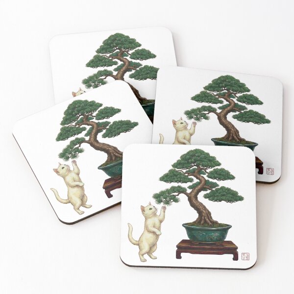 Item preview, Vintage Japanese White Cat and Bonsai Tree Art designed and sold by JapanekoGallery.