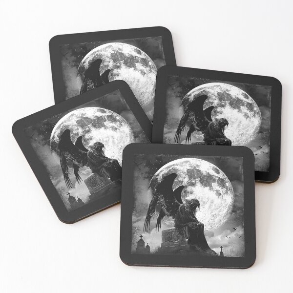 Item preview, Gothic Dark Angel Sitting Beneath a Full Moon Cemetery Art designed and sold by inkoutninja.