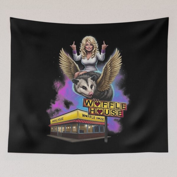 Item preview, Dolly Riding A Winged Possum Over Waffle House Partons Middle Finger designed and sold by ThaisMeloArt.