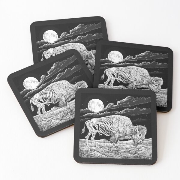 Item preview, Skeleton Bison Under Full Moon Western Gothic Prairie Art designed and sold by inkoutninja.