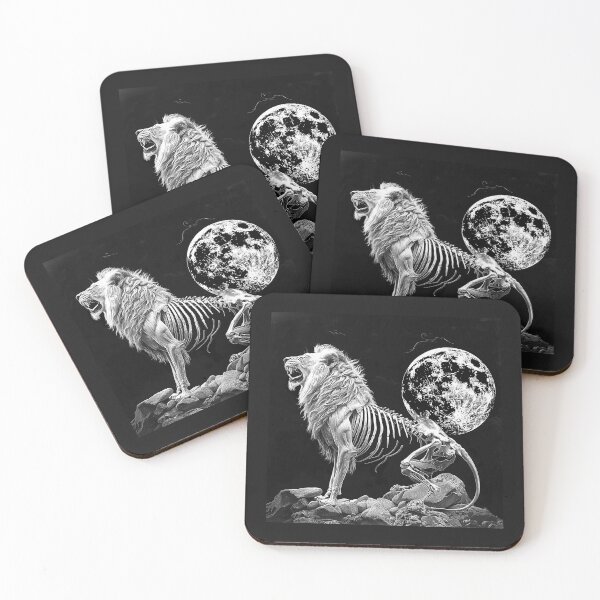 Item preview, Skeleton Lion Roaring Under Full Moon Gothic Wildlife Art designed and sold by inkoutninja.