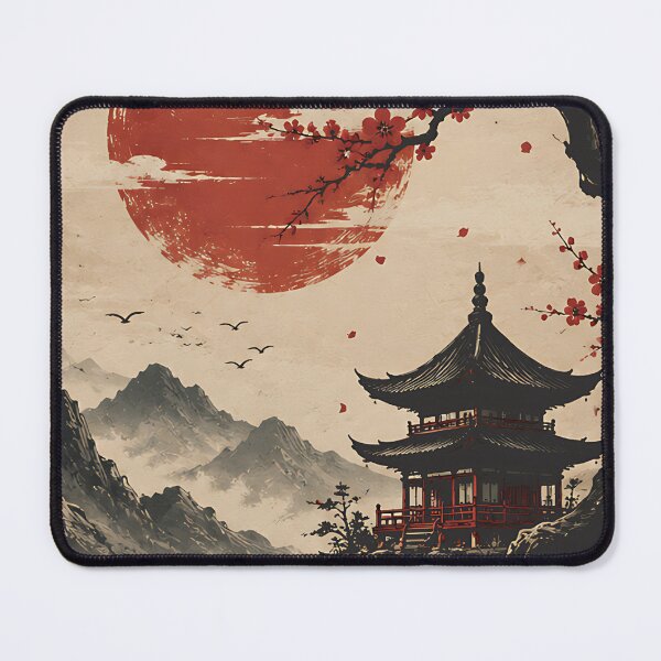 Item preview, Oriental Mountain Temple Landscape Chinese Calligraphy Ink Style Sakura and Red Sun designed and sold by dytf79.