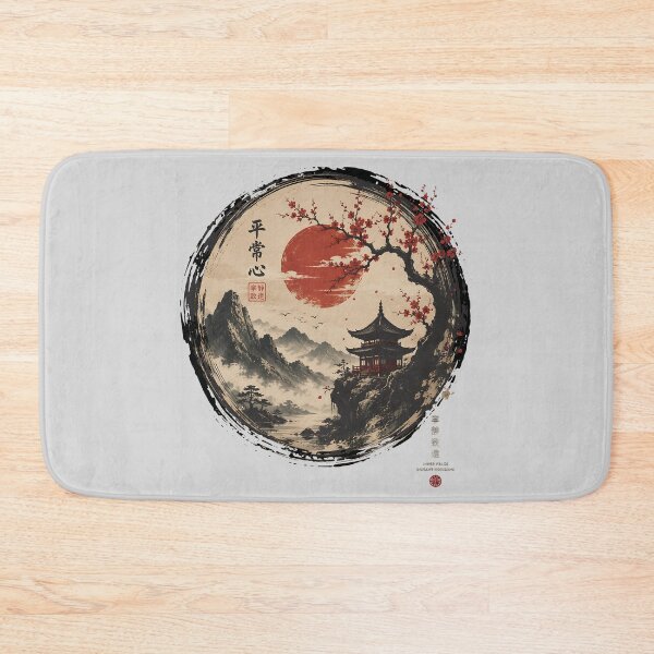 Item preview, Oriental Mountain Temple Landscape Chinese Calligraphy Ink Style Sakura and Red Sun designed and sold by dytf79.