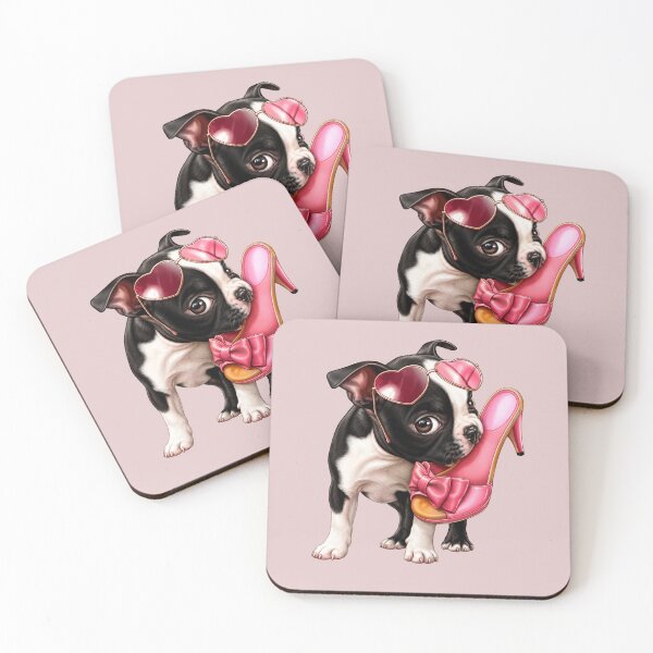 Item preview, Fashionista Boston Terrier Puppy with Heart Sunglasses and Pink Heels - Girly Dog Art designed and sold by PrintAura15.