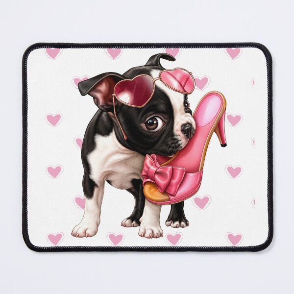 Item preview, Fashionista Boston Terrier Puppy with Heart Sunglasses and Pink Heels - Girly Dog Art designed and sold by PrintAura15.