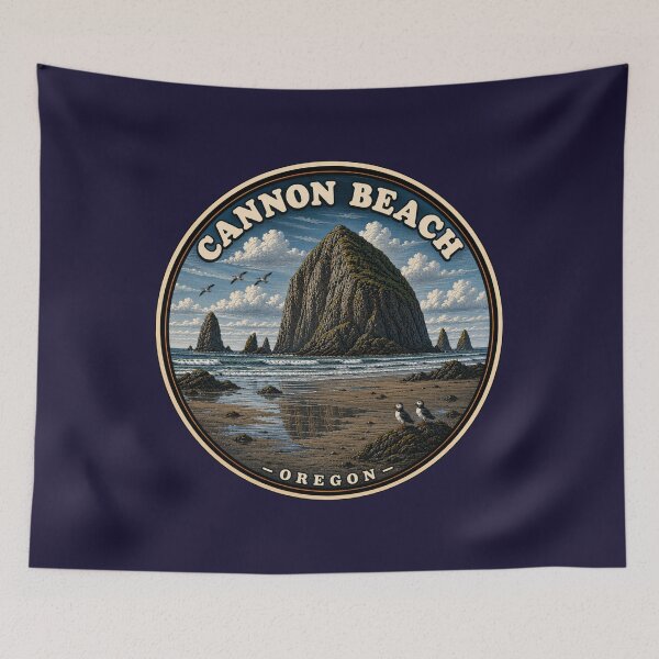 Artikelvorschau, Abzeichen „Cannon Beach, Oregon“ / Aufkleber „Haystack Rock“ (Küstenkunst) entworfen und verkauft von Swanny's Custom T-shirt and Gift Designs.