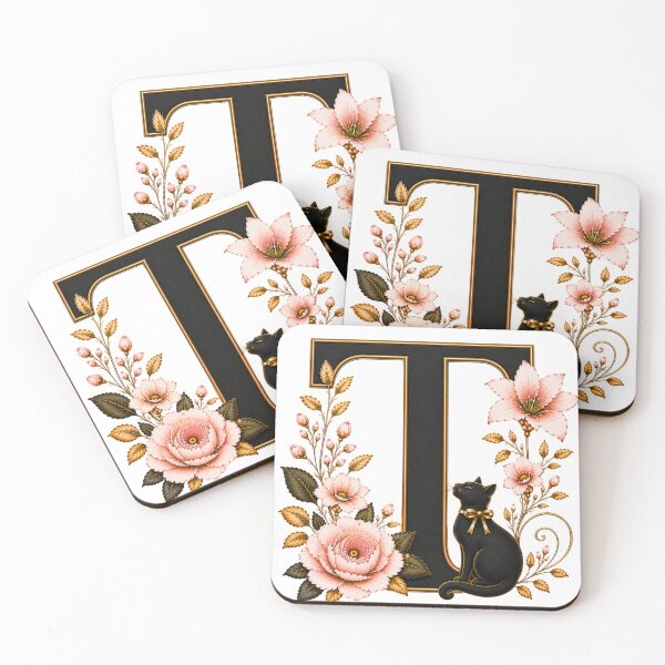 Item preview, Floral Letter T with Black Cat | Elegant Botanical Monogram | Vintage Alphabet Initial designed and sold by MoodLay.