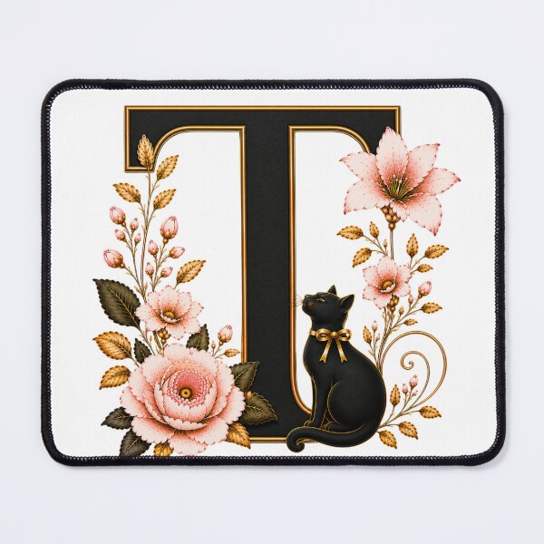 Item preview, Floral Letter T with Black Cat | Elegant Botanical Monogram | Vintage Alphabet Initial designed and sold by MoodLay.
