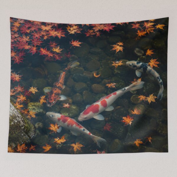 Item preview, Koi Fish Among Autumn Maple Leaves | Fine Art Nature Photography designed and sold by ApexAnimal Art.