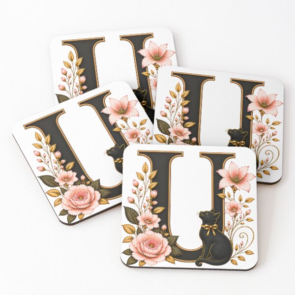Item preview, Floral Letter U with Black Cat | Elegant Botanical Monogram | Vintage Alphabet Initial designed and sold by MoodLay.