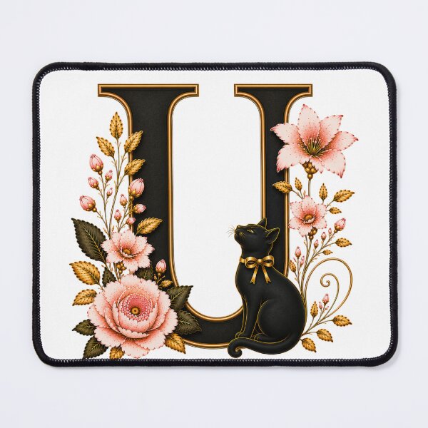 Item preview, Floral Letter U with Black Cat | Elegant Botanical Monogram | Vintage Alphabet Initial designed and sold by MoodLay.