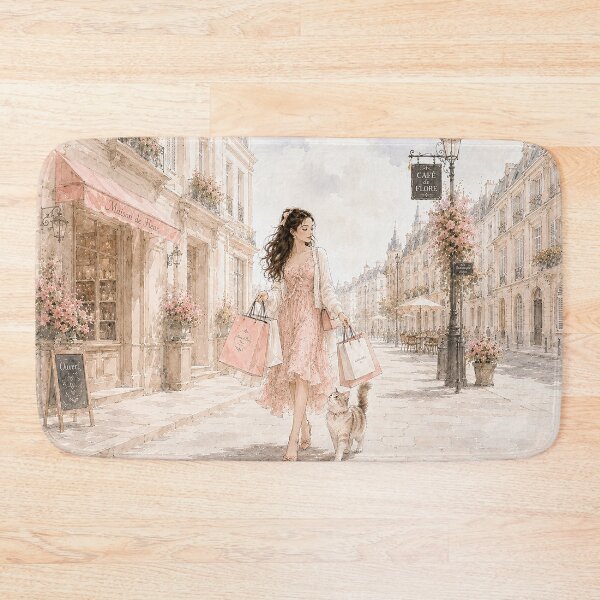 Item preview, Parisian Cat Walk – Feminine Watercolor Shopping Art designed and sold by AliceAndCats.