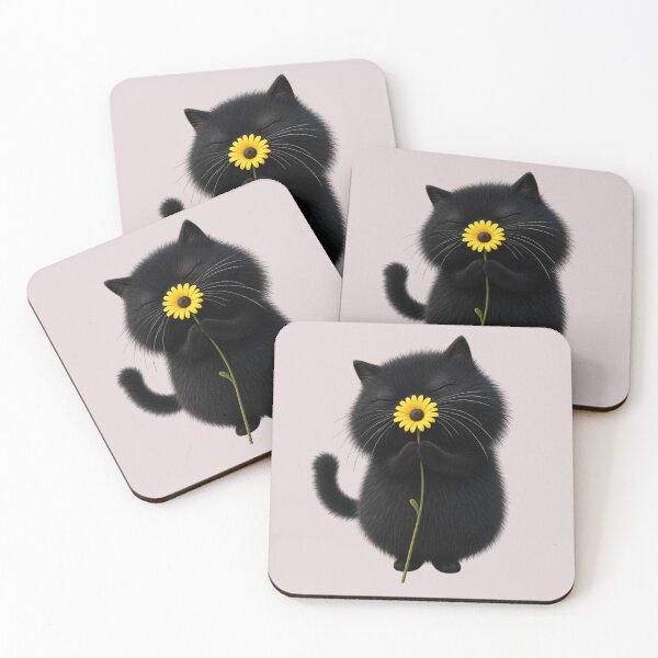 Item preview, Cute Fluffy Black Cat with Sunflower - Adorable Kawaii Cat Art designed and sold by PrintAura15.