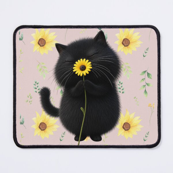 Item preview, Cute Fluffy Black Cat with Sunflower - Adorable Kawaii Cat Art designed and sold by PrintAura15.