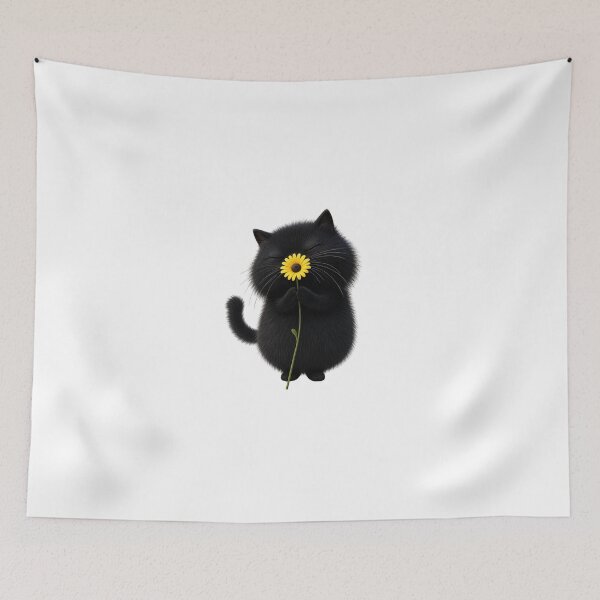 Item preview, Cute Fluffy Black Cat with Sunflower - Adorable Kawaii Cat Art designed and sold by PrintAura15.