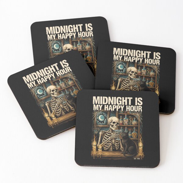 Item preview, Midnight Is My Happy Hour, Skeleton Bar Black Cat Poison Vintage Horror 80s designed and sold by CryptReel.