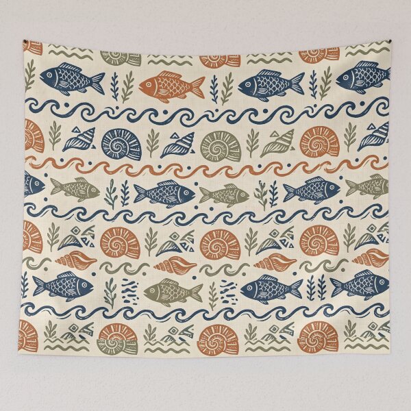 Item preview, Block Print Ocean Pattern Marine Wildlife designed and sold by SplashTastic.