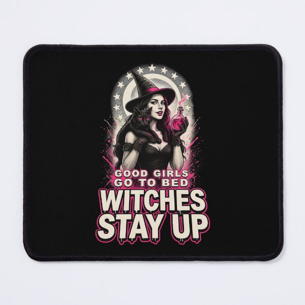 Item preview, Good Girls Go to Bed Witches Stay Up, Glamour Witch Black Cat Potion Horror 80s designed and sold by CryptReel.
