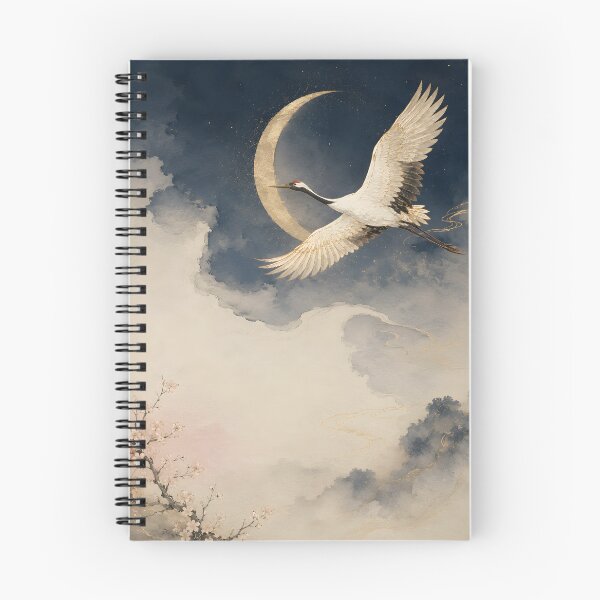 Item preview, Moonlit Crane Flight Japanese Ukiyo-e Art – Elegant Night Sky Crane with Crescent Moon designed and sold by Yuzanart-japan.