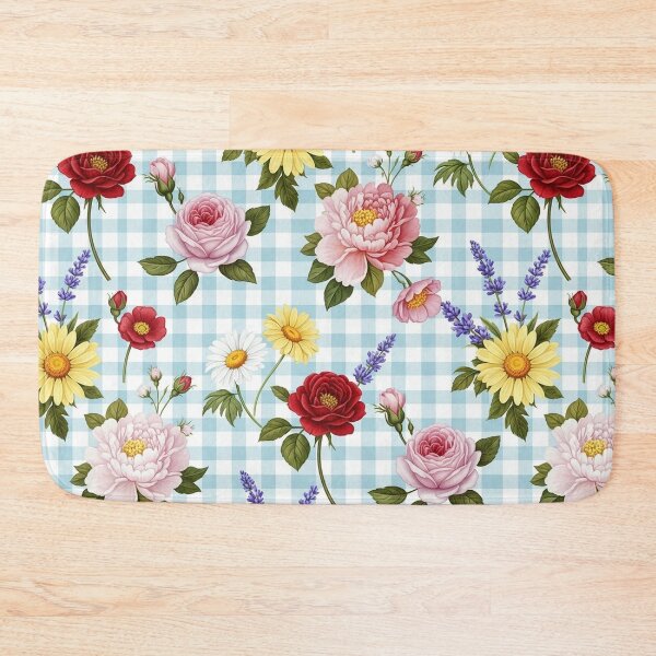 Item preview, Botanical Wildflower Sprigs on Blue Gingham Pattern designed and sold by unique0703.