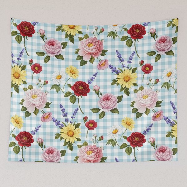 Item preview, Botanical Wildflower Sprigs on Blue Gingham Pattern designed and sold by unique0703.