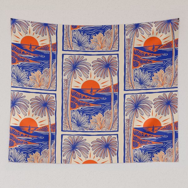 Item preview, Retro Tropical Sunset Beach Art Print | Blue & Orange Coastal Palm Trees Illustration | Vintage Summer Ocean Landscape Wall Decor designed and sold by RSDigitalPrintDesign.