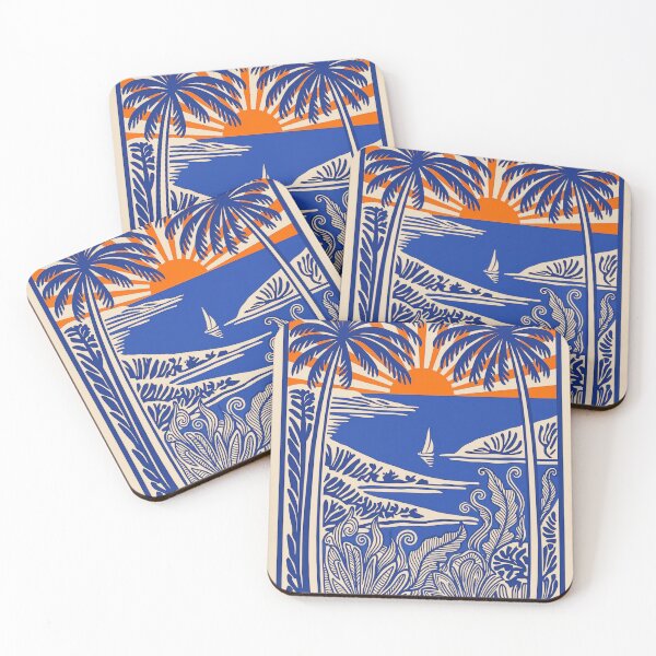 Item preview, Copy of Retro Tropical Sunset Beach Art Print | Blue & Orange Coastal Palm Trees Illustration | Vintage Summer Ocean Landscape Wall Decor designed and sold by RSDigitalPrintDesign.