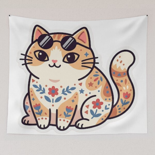 Item preview, Cute Cat with Sunglasses Floral Mandala Art designed and sold by Iampoji.