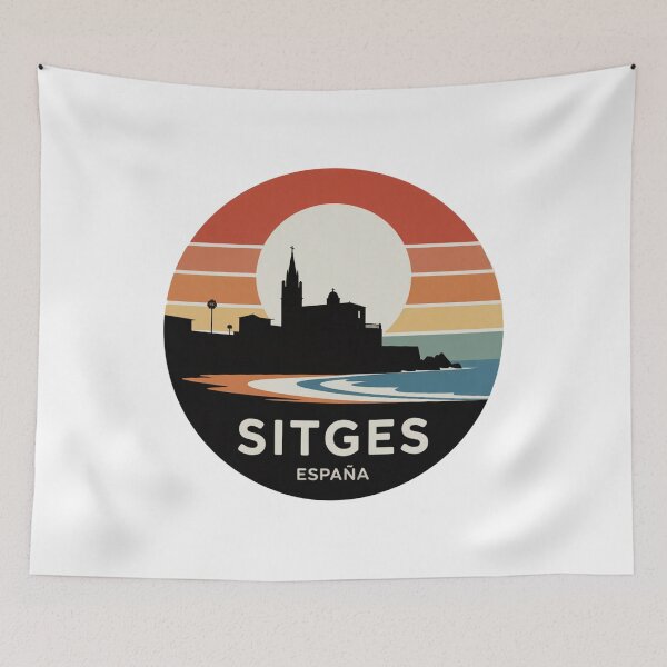 Item preview, Sitges España: Retro Skyline Sunset Stripes Badge designed and sold by CircinusStore.